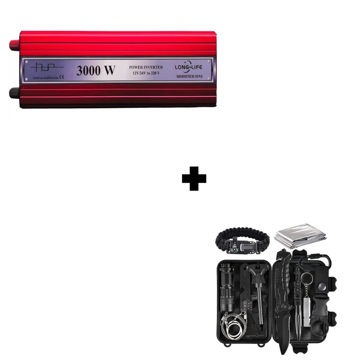 Set Invertor Long Life 3000W unda modificata 12V/24V-220V si kit supravietuire/camping 16 piese