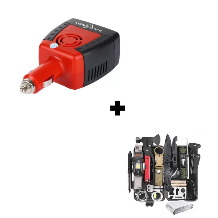 Set Invertor Long Life 150W/300W unda modificata 12V si 24V-220V si kit supravietuire/camping 30 piese