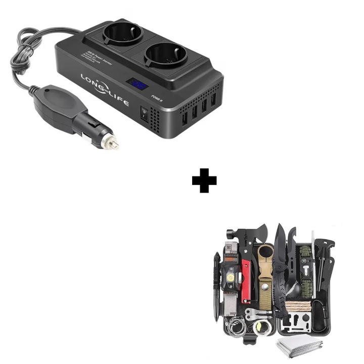 Set Invertor Long Life 200W/400W unda modificata 12V si 24V-220V si kit supravietuire/camping 30 piese