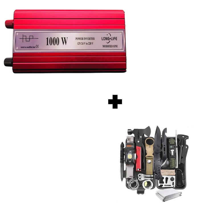 Set Invertor Long Life 1000W unda modificata 12V si 24V-220V si kit supravietuire/camping 30 piese