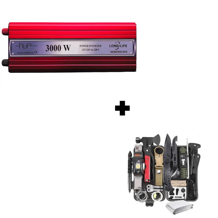 Set Invertor Long Life 3000W unda modificata 12V si 24V-220V si kit supravietuire/camping 30 piese