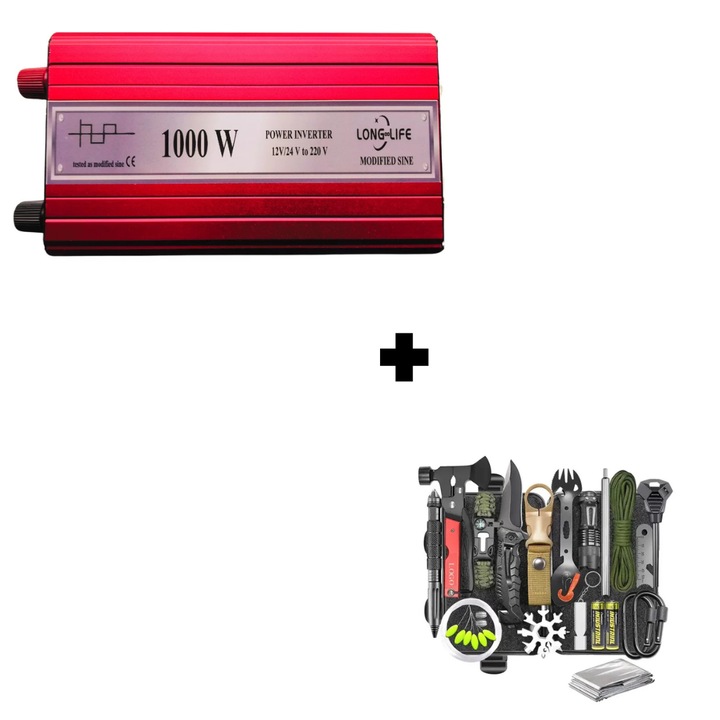 Set Invertor Long Life 1000W unda modificata 12V si 24V-220V si kit supravietuire/camping 32 piese