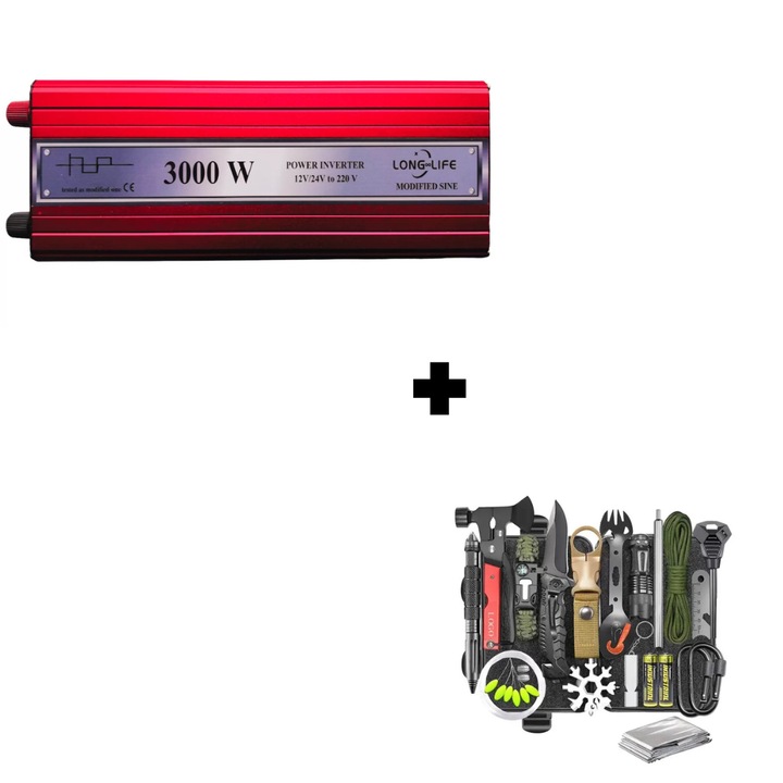 Set Invertor Long Life 3000W unda modificata 12V si 24V-220V si kit supravietuire/camping 32 piese