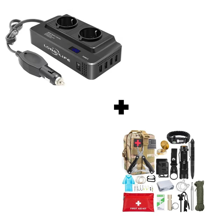 Set Invertor Long Life 200W/400W unda modificata 12V si 24V-220V si kit supravietuire/camping 42 piese