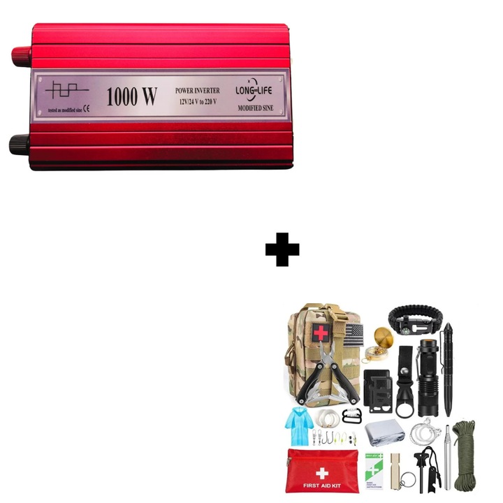 Set Invertor Long Life 1000W unda modificata 12V si 24V-220V si kit supravietuire/camping 42 piese
