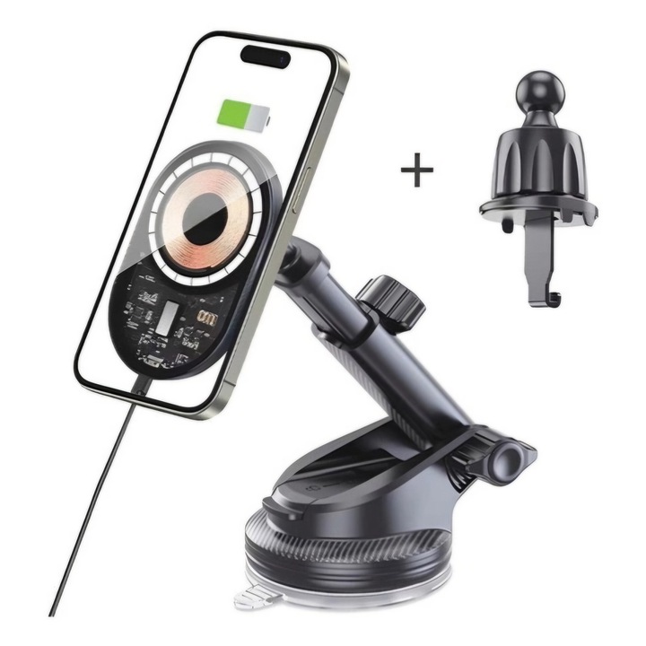 Suport Auto Pentru Telefon, Incarcare Wireless 15W, 2 Moduri Prindere, Grila Ventilatie/Ventuza, Compatibil MagFit, 2 Inele Magnetice, Ajustabil, Reglabil, Negru