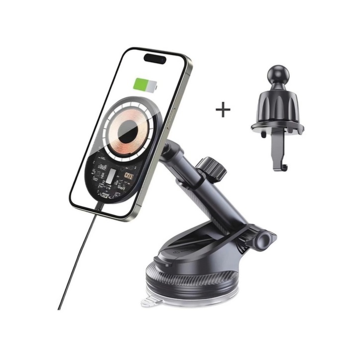 Autós telefontartó, Vezeték nélküli töltés 15 W, 2 markolat mód, szellőző rács/szívás, MagFit kompatibilis, 2 mágnesgyűrű, állítható, állítható, fekete