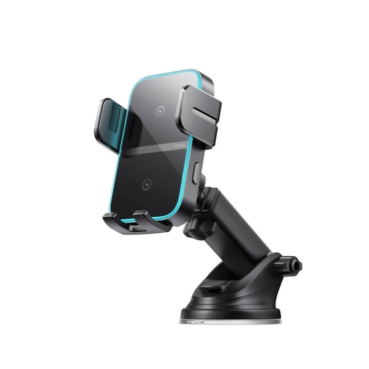 Suport Telefon Auto, Prindere Ventuza, Incarcare Wireless 15W, Compatibil cu telefoane 4.7-6.8 inch, Reglabil, Ajustabil, Negru