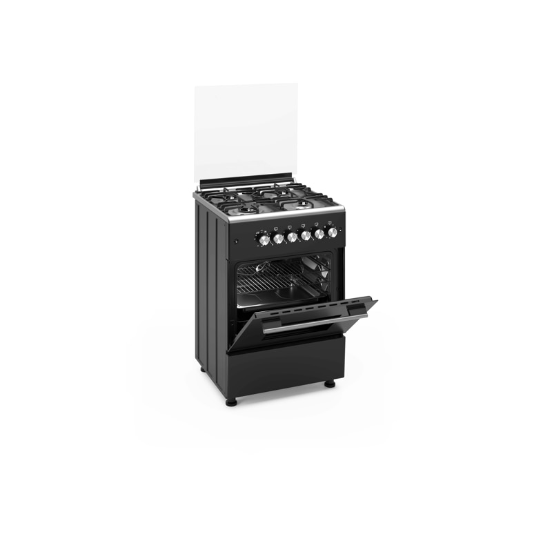 Pachet aragaz clasic 4 arzatoare gaz Studio Casa Glam Marco si Hota decorativa sticla neagra, Cuptor gaz, 57 x 57 cm, Rotisor, Ventilator, Grill gaz, Aprindere electrica, Gratare fonta, Negru