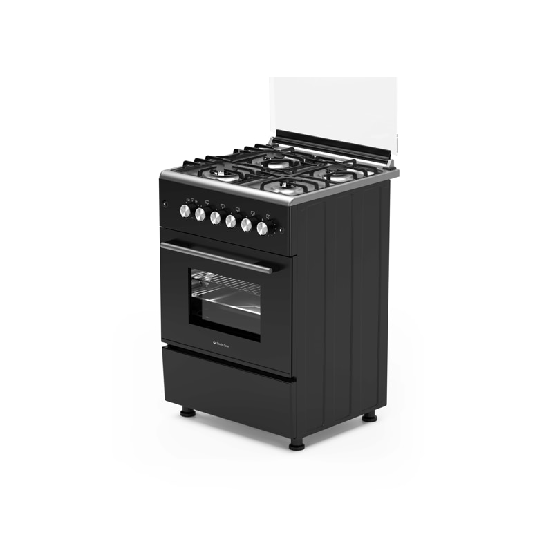 Pachet aragaz clasic 4 arzatoare gaz Studio Casa Glam Marco si Hota decorativa sticla neagra, Cuptor gaz, 57 x 57 cm, Rotisor, Ventilator, Grill gaz, Aprindere electrica, Gratare fonta, Negru