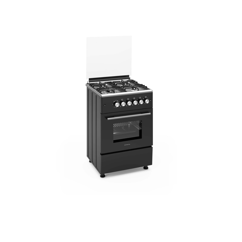 Pachet aragaz clasic 4 arzatoare gaz Studio Casa Glam Marco si Hota decorativa sticla neagra, Cuptor gaz, 57 x 57 cm, Rotisor, Ventilator, Grill gaz, Aprindere electrica, Gratare fonta, Negru