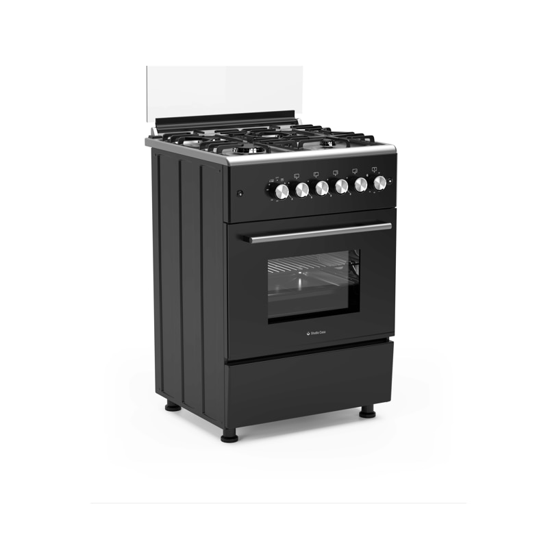 Pachet aragaz clasic 4 arzatoare gaz Studio Casa Glam Marco si Hota decorativa sticla neagra, Cuptor gaz, 57 x 57 cm, Rotisor, Ventilator, Grill gaz, Aprindere electrica, Gratare fonta, Negru
