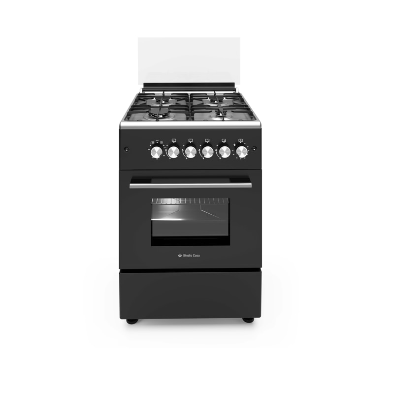 Pachet aragaz clasic 4 arzatoare gaz Studio Casa Glam Marco si Hota decorativa sticla neagra, Cuptor gaz, 57 x 57 cm, Rotisor, Ventilator, Grill gaz, Aprindere electrica, Gratare fonta, Negru