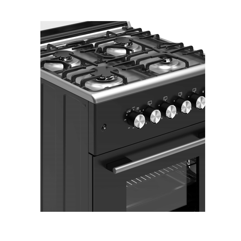 Pachet aragaz clasic 4 arzatoare gaz Studio Casa Glam Marco si Hota decorativa sticla neagra, Cuptor gaz, 57 x 57 cm, Rotisor, Ventilator, Grill gaz, Aprindere electrica, Gratare fonta, Negru