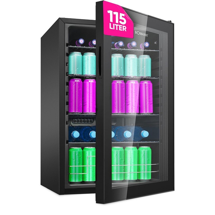 Vitrina frigorifica Bomann, KSG7290N, H 85 cm, volum 115 litri, ideal pentru HoReCa/birou/rulota, iluminare interioara LED, temperatura reglabila, usa din sticla dubla, 4 rafturi ajustabile pe inaltime, incuietoare, silentios, picioare reglabile, negru