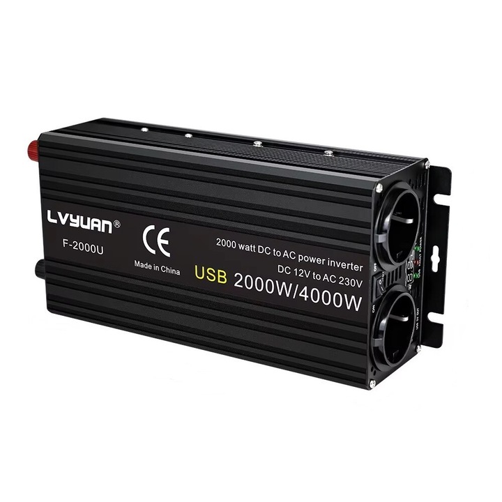 Invertor auto, LVYUAN, 12V, 4000W, priza dubla EU, port USB
