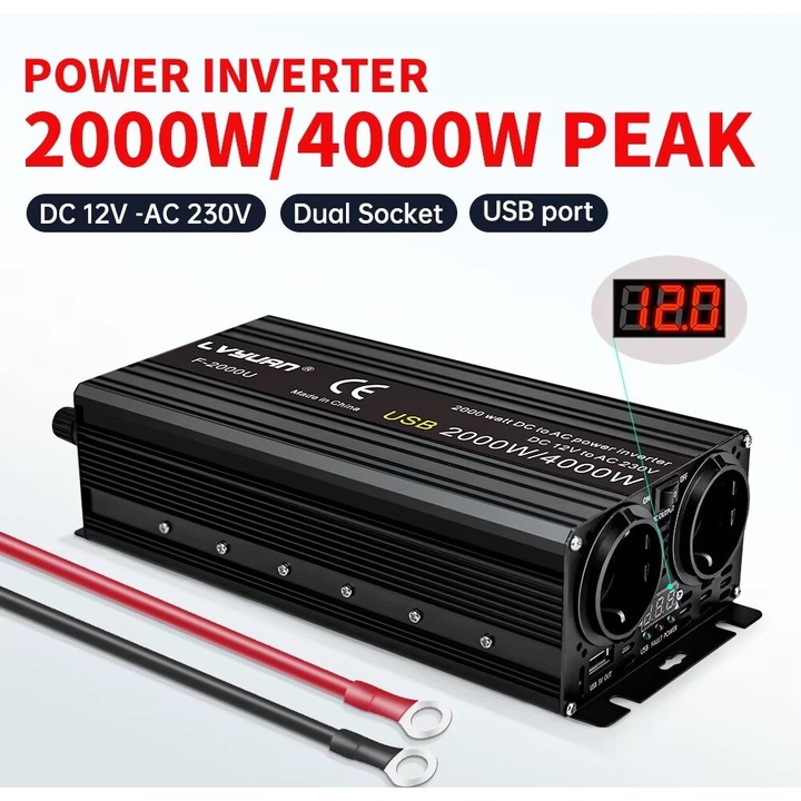 Autó inverter, LVYUAN, 12V, 4000W, dupla EU aljzat, USB port