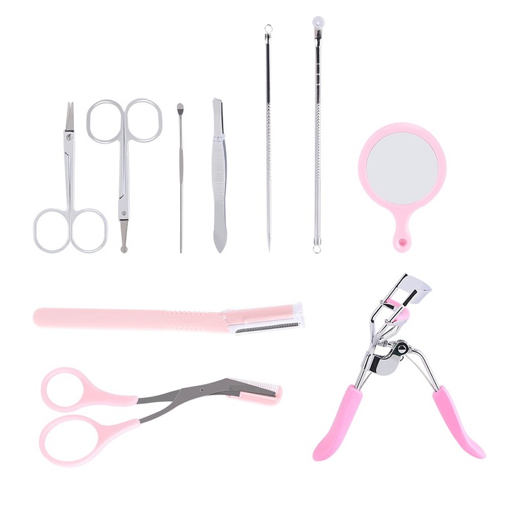 Set 10 unelte pentru stilizarea sprancenelor, AONYIYI, trimmer, foarfece, penseta, multicolor