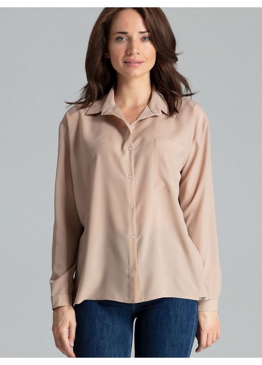 Camasa dama, Lenitif, cu maneca lunga, bej, din poliester si elastan