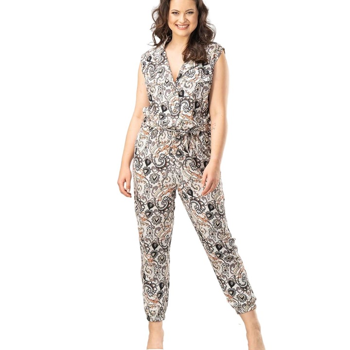 Дамски гащеризон KARKO, многоцветен, лека материя, усукано деколте, подчертана талия, 50-52 EU