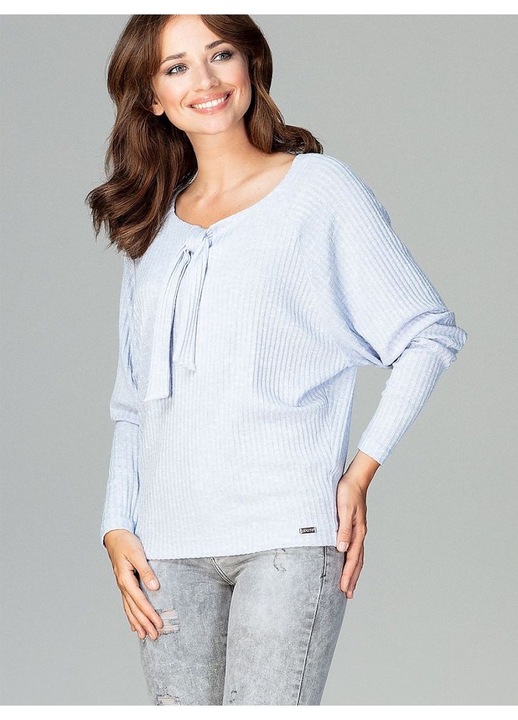 Bluza dama Lenitif, albastra, tricotata, maneci lungi, decolteu cu papion, viscoza