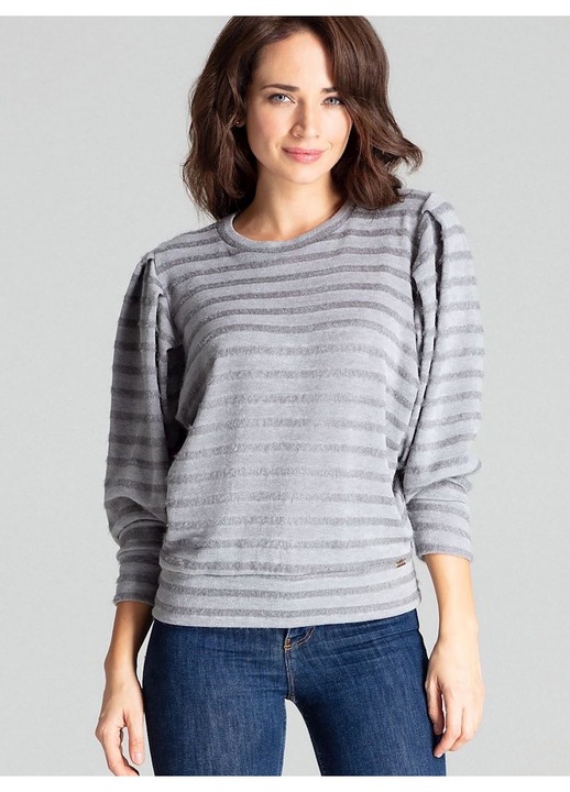 Bluza dama Lenitif, gri, maneci kimono lungi, tricotata cu dungi orizontale, material poliester, S-M INTL