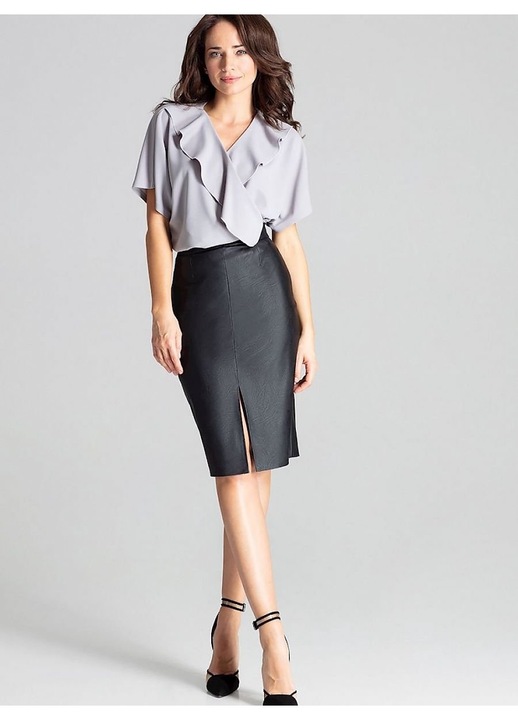 Fusta creion, Lenitif, midi, neagra, piele ecologica, fermoar decorativ, despicatura, Negru, S