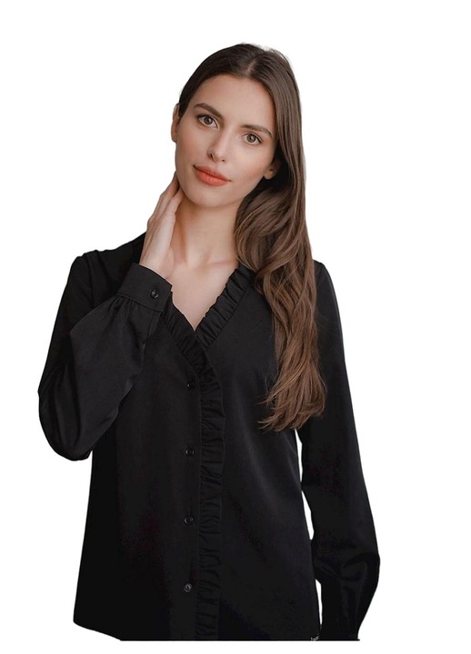 Дамска риза, Ленитиф, черна, със сърцевидно деколте, кант с волани, дълъг ръкав