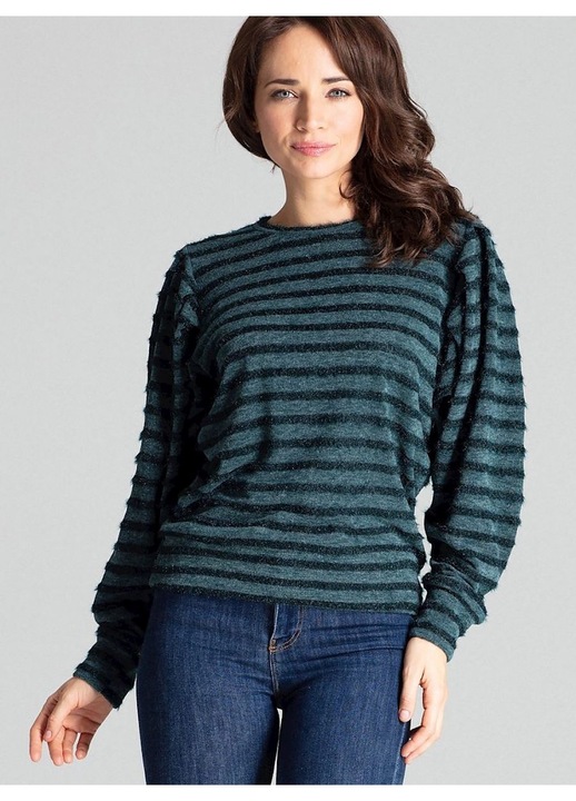 Bluza dama Lenitif, verde, maneci kimono lungi, tricotata cu dungi orizontale, material poliester, L-XL INTL