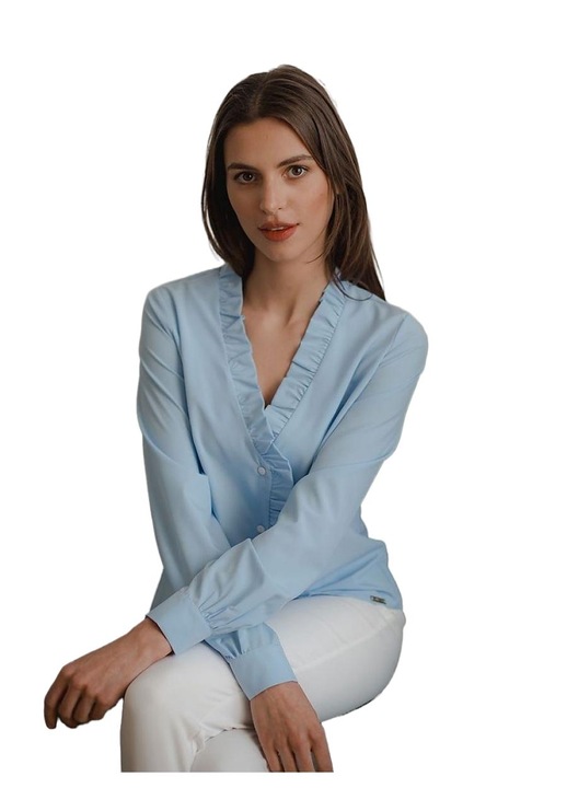 Дамска риза, Ленитиф, синя, с мило деколте, волан, дълъг ръкав, полиестер., S INTL