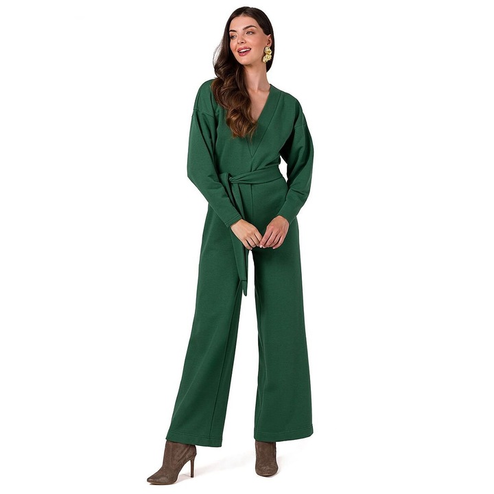 Дамски гащеризон BeWear, зелен, мека плетка, колан на талията