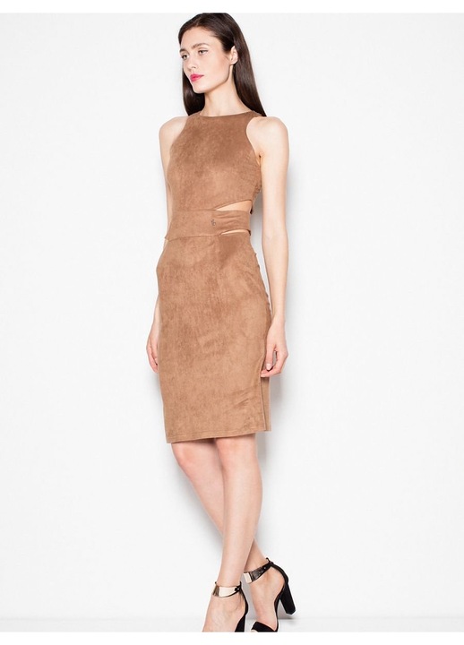 Rochie de seara Venaton, maro, imitatie piele de caprioara, decupaje talie, elastan 5%