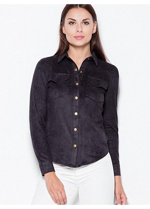 Camasa dama Venaton, lunga, neagra, din piele intoarsa, cu nasturi metalici, 95% poliester, 5% elastan