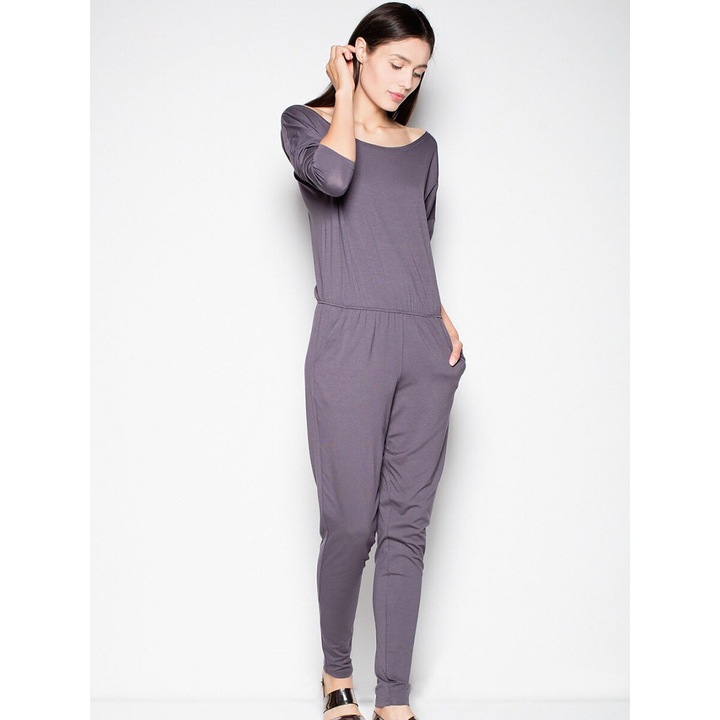 Salopeta dama Venaton, decolteu semicircular, maneci cazute, gri, viscoza