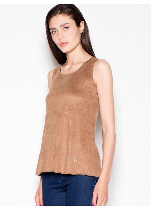 Bluza dama, Venaton, piele intoarsa, decolteu semicircular, maro, poliester