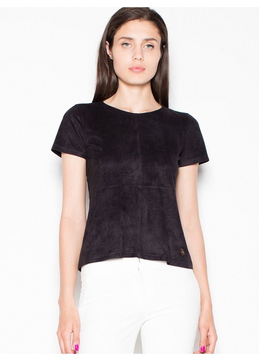 Bluza dama, Venaton, neagra, cu maneci scurte din piele intoarsa, fermoar decorativ auriu