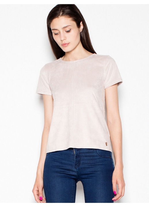 Bluza dama Venaton, bej, maneci scurte din piele intoarsa, decolteu semicircular, fermoar decorativ auriu