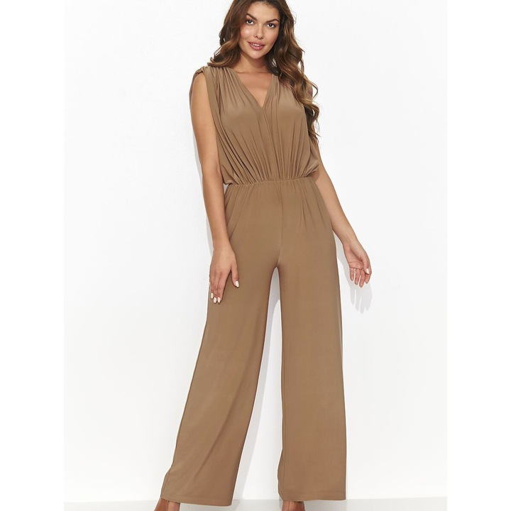 Numinou női jumpsuit, elegáns, redők, szív alakú nyakkivágással, barna, poliészter, 44-46 EU
