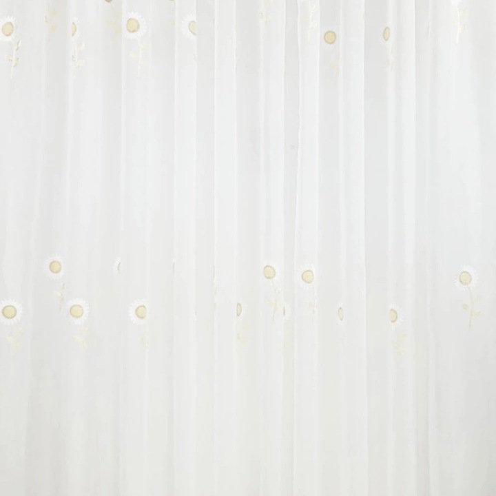 Perdea alba de bucatarie cu margarete, tesatura fina si luminoasa, decor rustic, lucrata manual pe rejansa multifunctionala, 150 x 150 cm