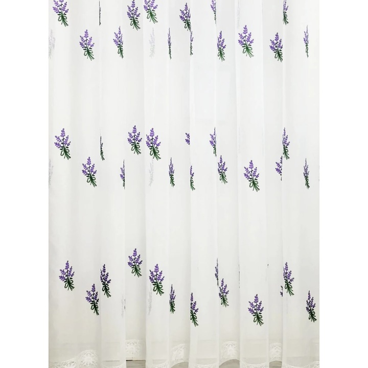 Perdea alba de bucatarie cu lavanda, tesatura fina si luminoasa, decor rustic, lucrata manual pe rejansa multifunctionala, 150 x 150 cm