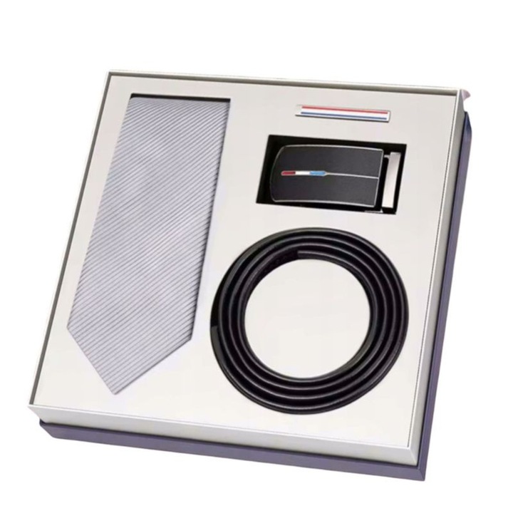 Set Cadou Barbati Cravata Gri + Curea Eleganta cu Catarama + Ac de Cravata in Cutie Premium Accesorii Barbati Stil Clasic Business Nunta Aniversare Ziua Tatalui Iubit Sot Cadou Elegant 3 in 1