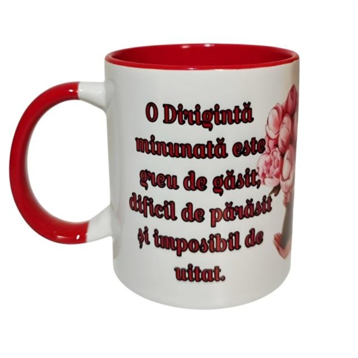 Cana personalizata, model Diriginta, ceramica, alba cu interior si maner rosu, 330 ml