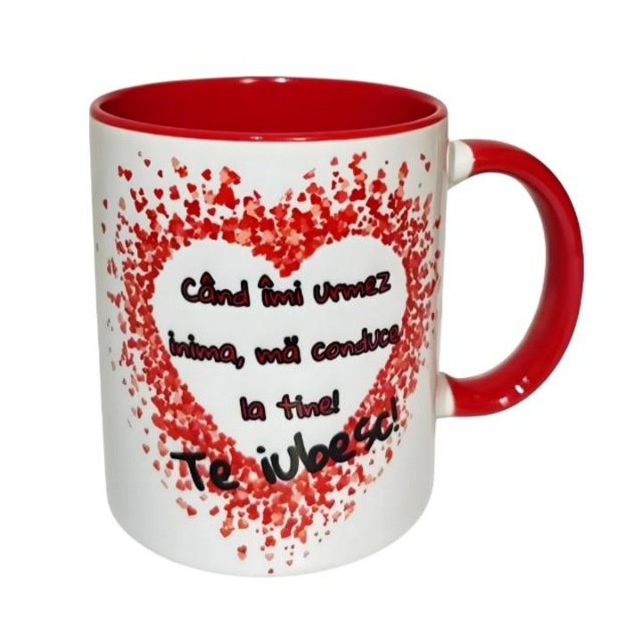 Cana personalizata, model ''Te iubesc,, ceramica, alba cu interior si maner rosu, 330 ml
