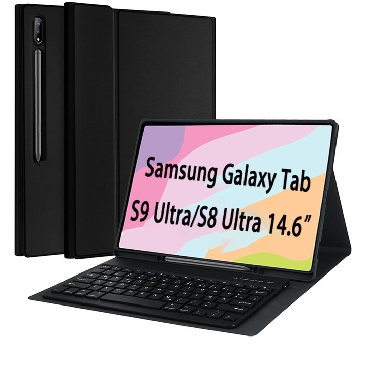 Husa cu tastatura pentru Samsung Galaxy Tab S9 Ultra/S8 Ultra/S10 Ultra 14.6 inch cu tastatura wireless, Bluetooth, Husa cu tastatura detasabila pentru Tab S10 Ultra/S9 Ultra 14.6 inch, negru