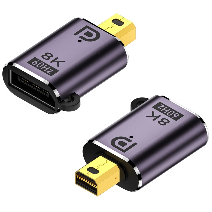 Szett 2 adapter, SYNC, Displayport Mom to Mini Displayport Dad, Támogatja akár 8K felbontást 60Hz-en, Széles kompatibilitás, 32Gbps, Stabilitás, Plug &Play, Kétirányú, Laptophoz, asztali számítógéphez, projektorhoz, Alumínium/PVC, 35x21mm, Szürke