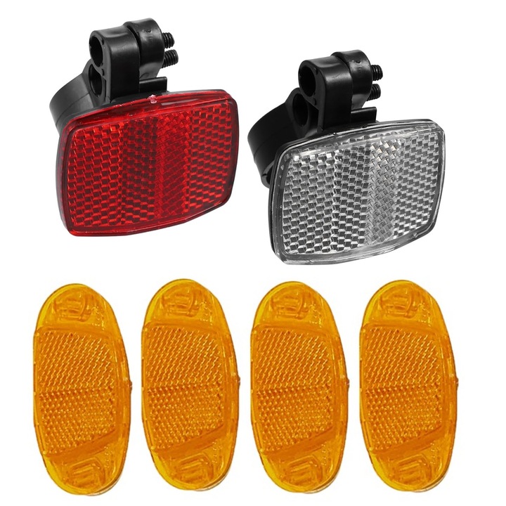 6 db-os kerékpáros reflektor készlet, SINBINTA, robusztus és tartós, vízálló és napfényálló, könnyen használható, elöl, hátul és küllős rögzítés, műanyag, 53*35/70*35 mm, narancssárga/piros/fehér