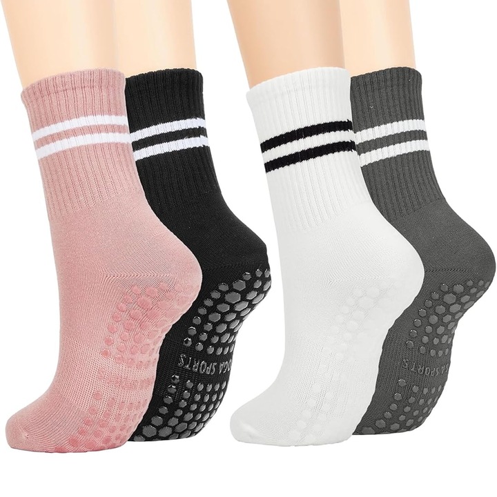 Sosete antiderapante, SINBINTA, 4 perechi, Dunga, Bumbac, Marime universala, Nu se estompeaza, Respirabil, Elasticitate ridicata, Rezistent la deformare, Absorbant de transpiratie, Pentru yoga, Dans, Pilates, Alb/Negru/Gri/Roz