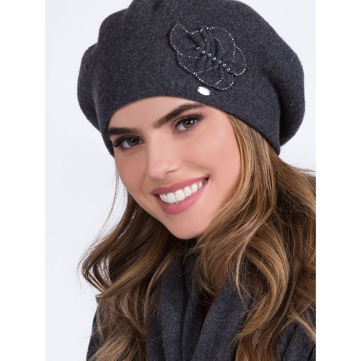 Дамска барета KameA, сива, вълнена, с флорална апликация, универсален размер
