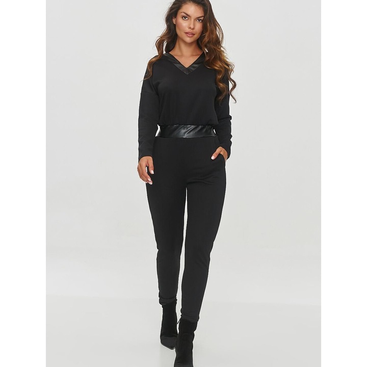 Salopeta dama, Makadamia, neagra, maneci lungi, insertie piele artificiala, material elastic