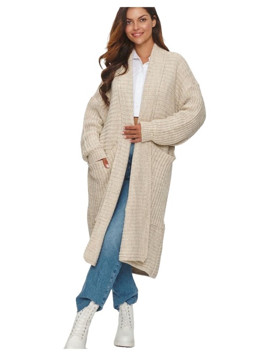Cardigan lung, Makadamia, bej, maneci largi, poliacril, One Size INTL